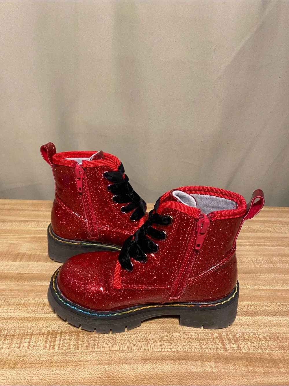 Dream Pairs Red Glitter Lace-Up Side Zip Kids Combat Boots Velvet Laces Size 9